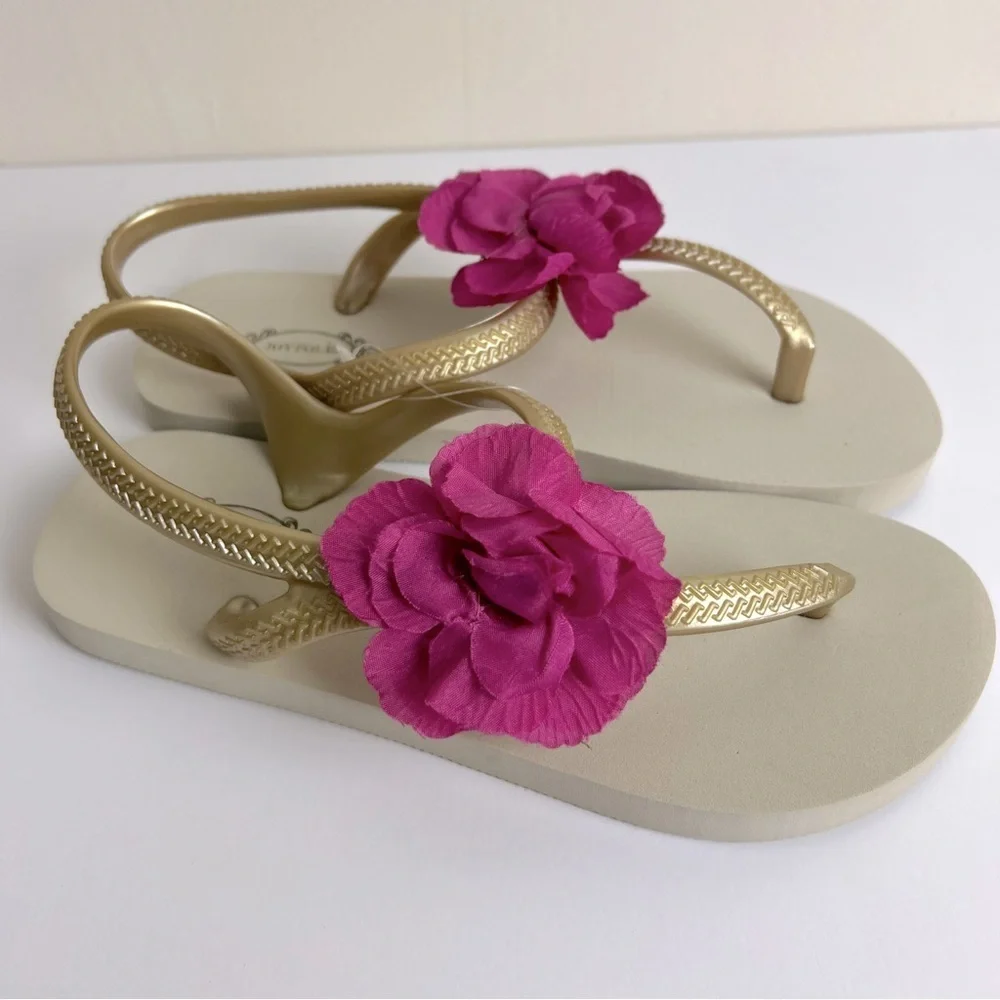 Joyfolie | Pink Flower Embellished Gold Cassia Sandal Fit Flop | Girls 3 / 4